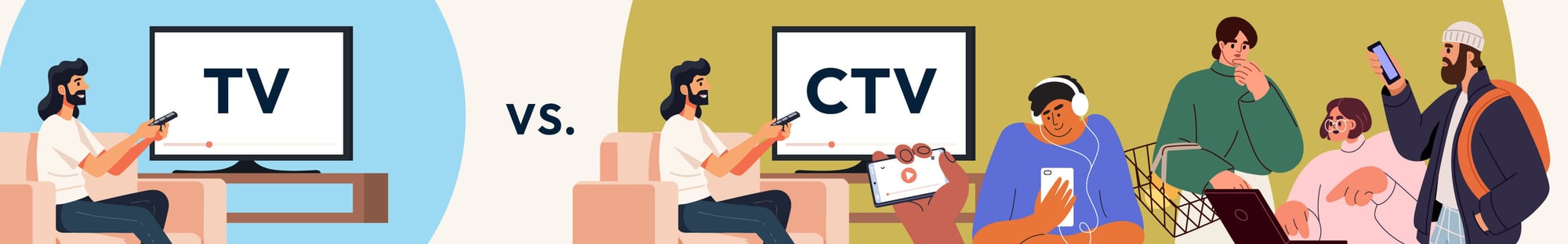 Side-by-side comparison of TV vs. CTV. On the left, a man watches traditional TV alone. On the right, multiple people engage with Connected TV content across devices—CTV, tablet, phone, laptop, and headphones. Text reads: TV vs. CTV.